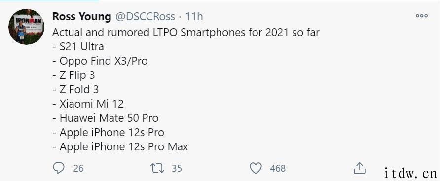 曝2020年将采用 LTPO 屏幕的新机：小米 12、华为公司 Mate 50 Pro、iPhone 12s Pro 在列