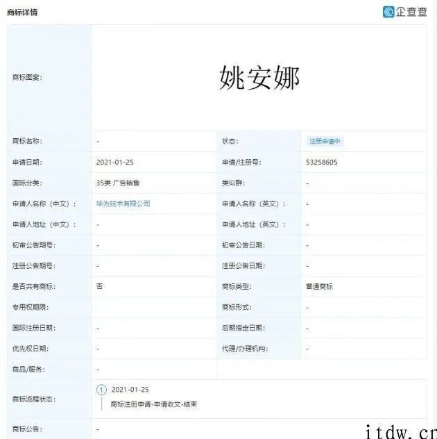 姚安娜宣布出道后，华为申请办理申请注册 “姚思为”“姚安娜”商标logo：信息称其暂无品牌代言华为计划