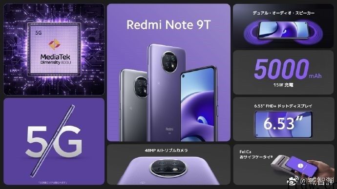 1207 元，小米在日本公布 Redmi Note 9T 手机上：搭载天玑 800U，5000mAh 充电电池