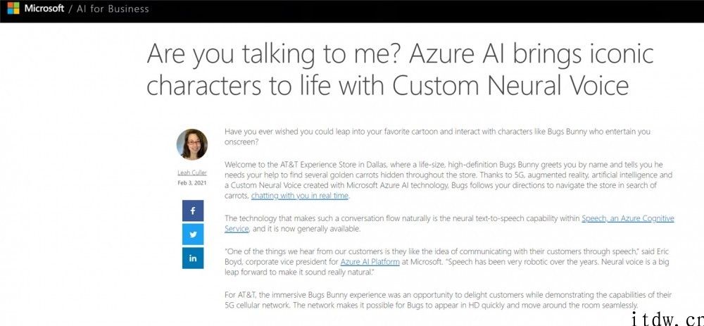 微软公司对外开放其 “文字转语音”AI 访问权限，华纳兄弟用它做了个 “兔八哥”助手