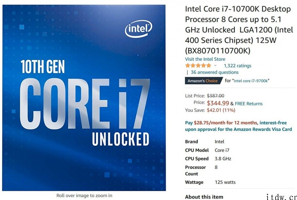 为应对 AMD，英特尔 10 代酷睿 CPU 国外大促：i7-10700F 仅售约 1478 元