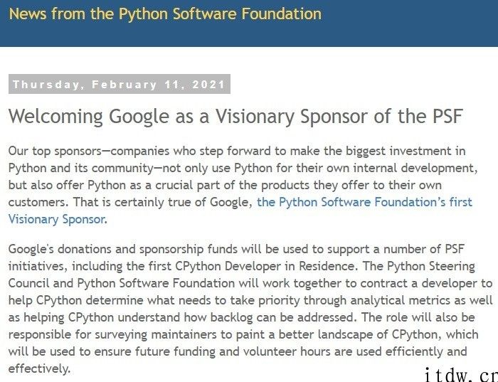 谷歌变成 Python 软件基金会（PSF）最大级别赞助商