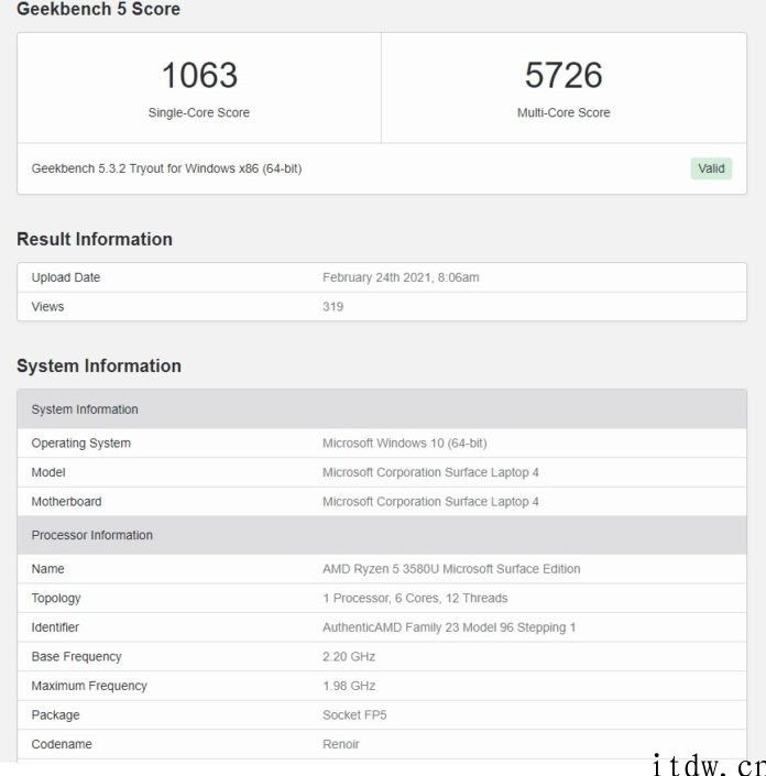 微软公司 Surface Laptop 4 双版本跑分曝光：搭载英特尔 Tiger Lake-U 和 AMD CPU