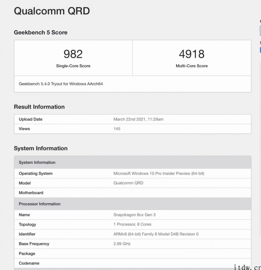 高通骁龙 8cx 第三代现身 Geekbench：多核提升 60%，仍不如苹果 M1