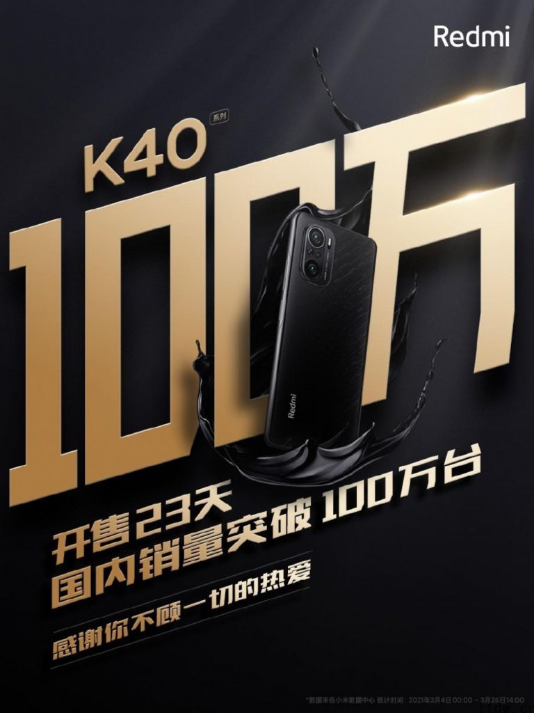 Redmi K40 系列战报：开售 23 天，国内销量突破 100 万台