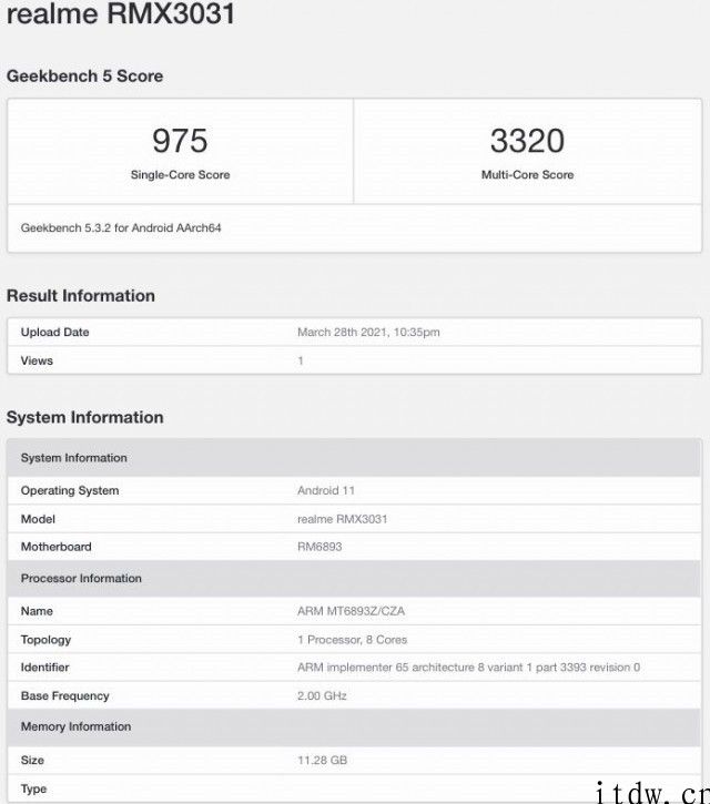 realme GT Neo 现身 Geekbench：搭载天玑 1200，12GB 内存