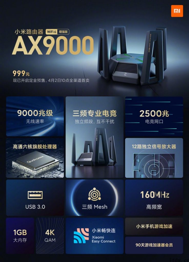 999 元，小米旗舰无线路由器 AX9000 宣布发布：12 根高增益天线，适用 WiFi6 增强版