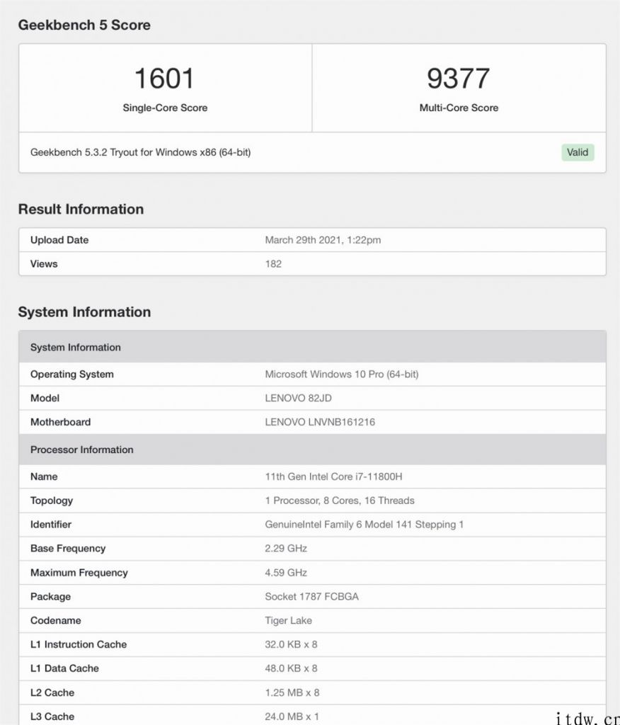 想到 i7-11800H 款拯救者游戏本跑分曝光：单核 / 多核大幅度提高