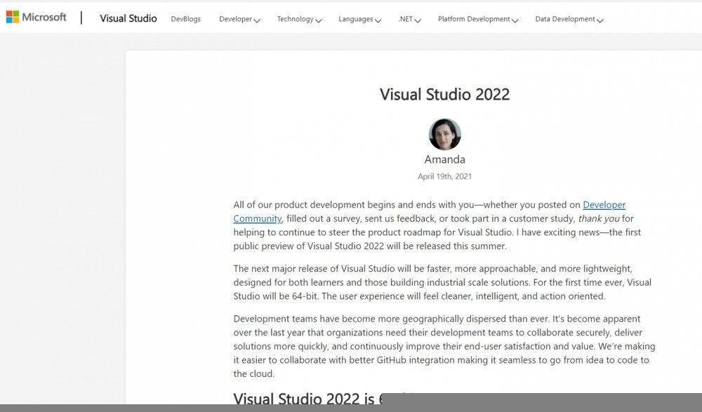 64 位来临：微软公司 Visual Studio 2022 预览版今年夏天发布，更多用途一览