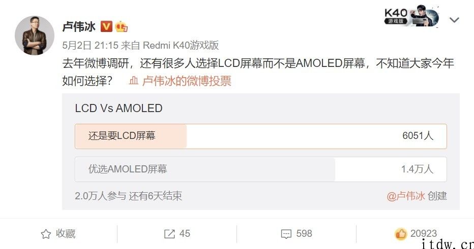 卢伟冰微博投票：2020年绝大多数人优选 AMOLED 屏幕，而不是 LCD