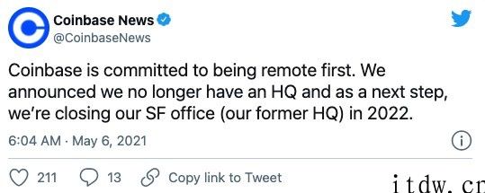 远程办公优先，美较大 加密货币交易所 Coinbase 将关闭总部