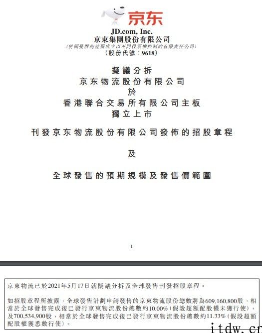 京东物流：中国香港 IPO 每一股发售价为 43.36 港币，预计 5 月 28 日上市买卖