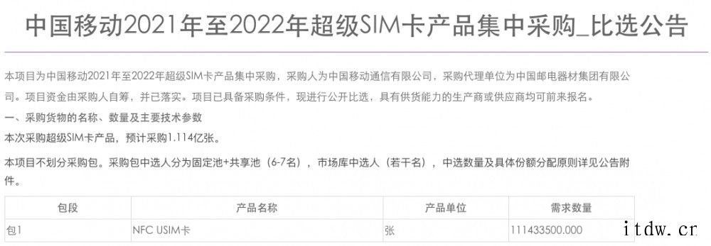 中国移动 NFCUSIM 卡集中采购比选公告