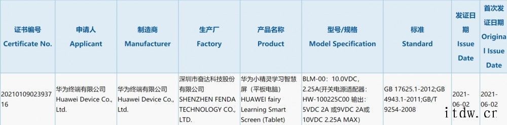 华为小精灵学习智慧屏(平板电脑)通过 3C 认证