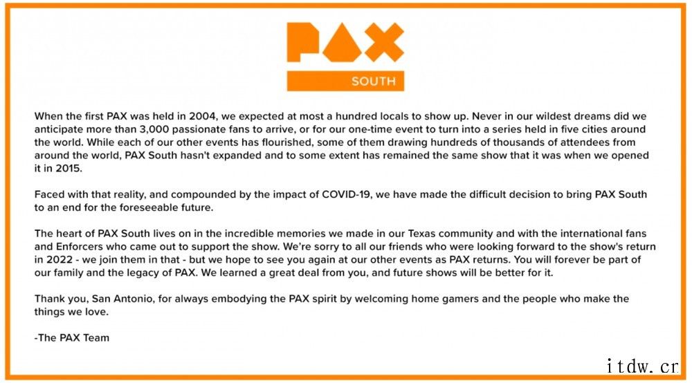 PAX South 游戏展宣布无限期取消:疫情影响 + 运营