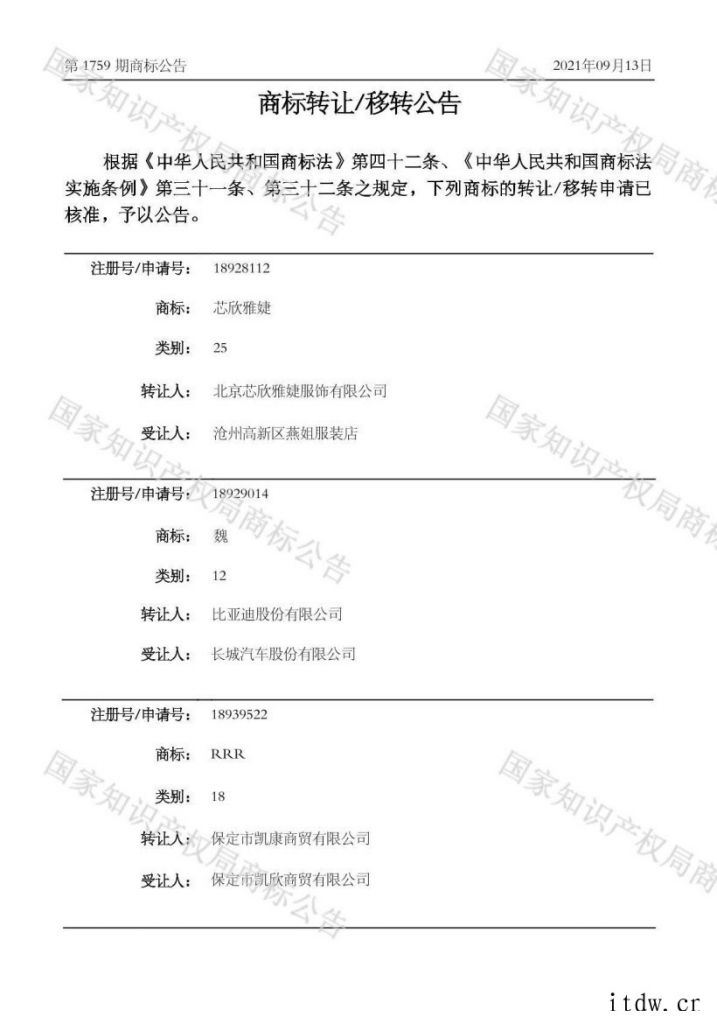 比亚迪将商标“魏”转让给长城汽车