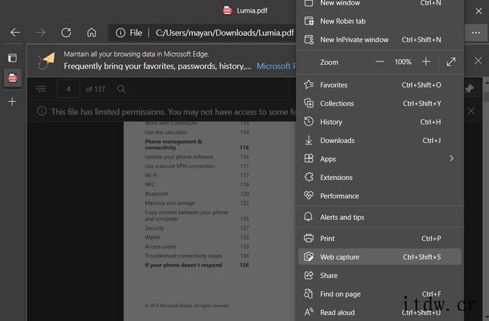 微软 Edge 浏览器将支持 PDF 文件使用内置截图工具