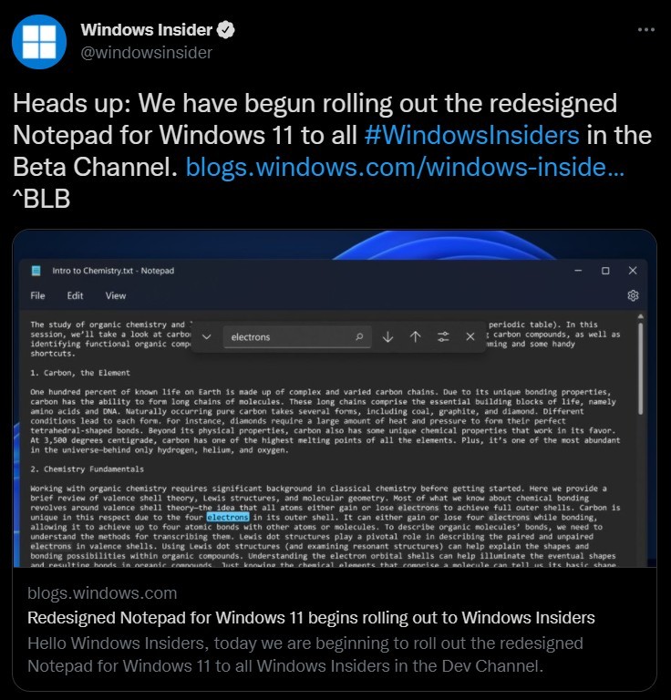 微软 Win11 全新记事本已向 Beta 预览版用户推送