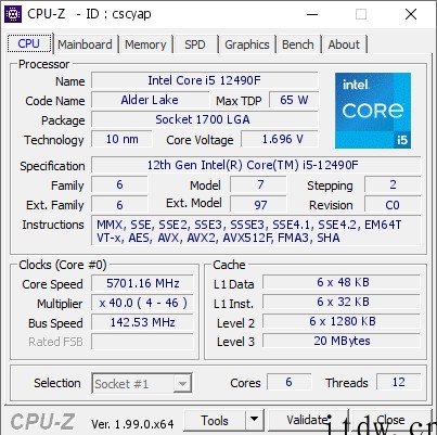 英特尔 i5-12490F 中国特供处理器超频:可达 5