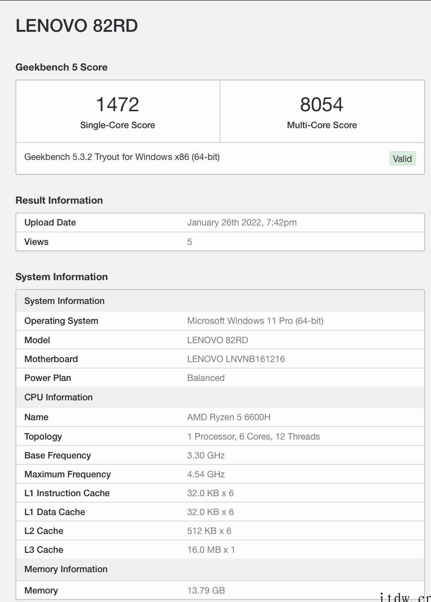 AMD R5 6600H 现身 Geekbench:6 核 