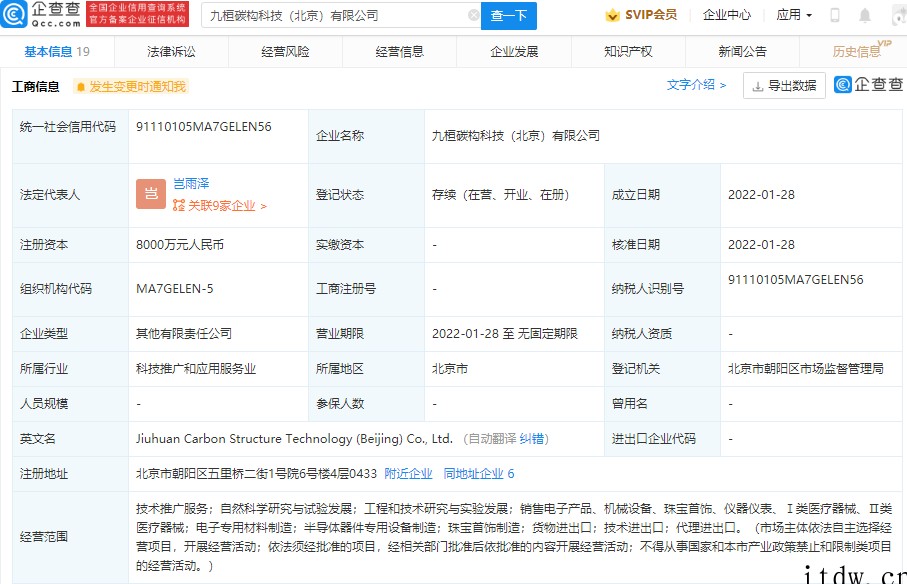 王思聪投资成立碳构科技公司,经营范围含半导体器件专用设备制造