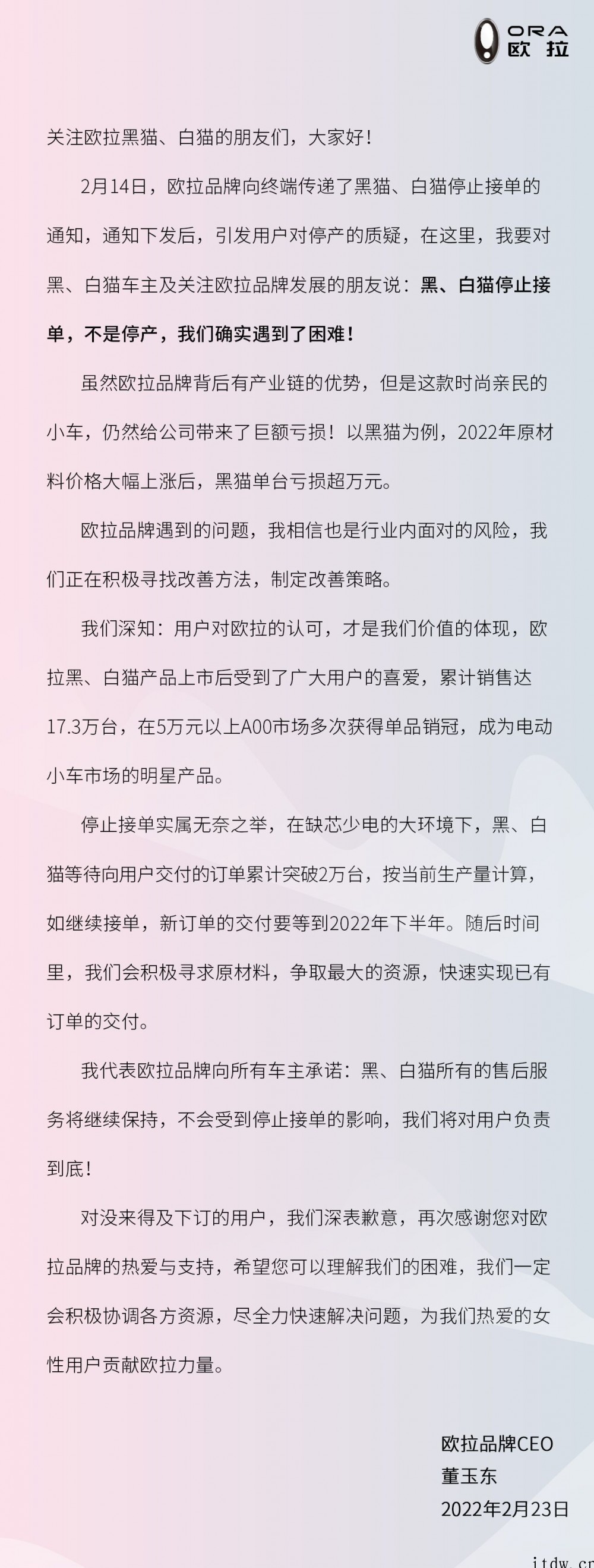 长城汽车旗下欧拉品牌 CEO 董玉东:黑猫单台亏损超万元,黑