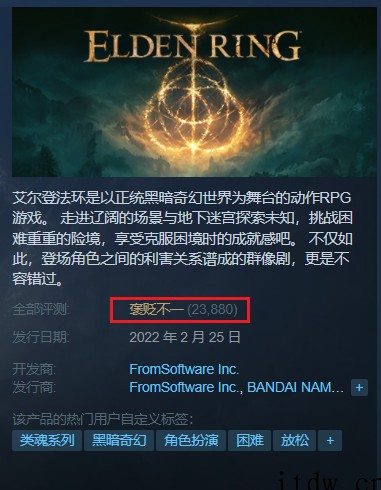 《艾尔登法环》优化太差,Steam 评价“褒贬不一”:万代道