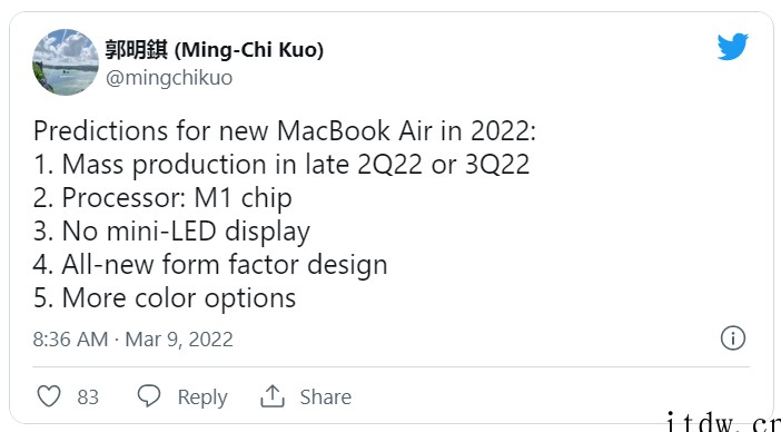 郭明?:苹果MacBook Air 2022 将采用 M1 