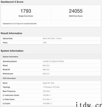 苹果 M1 Ultra 跑分现身 Geekbench,比 2