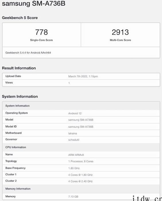 三星 Galaxy A73 现身 Geekbench:搭载骁