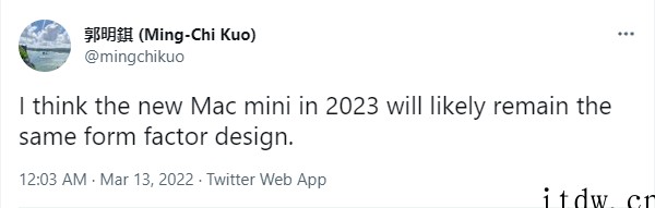 郭明?:2023 款苹果 Mac Mini 将保留当前设计