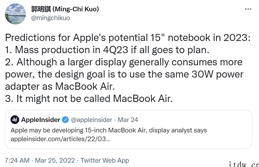 郭明?:苹果15 英寸笔记本可能不叫 MacBook Air