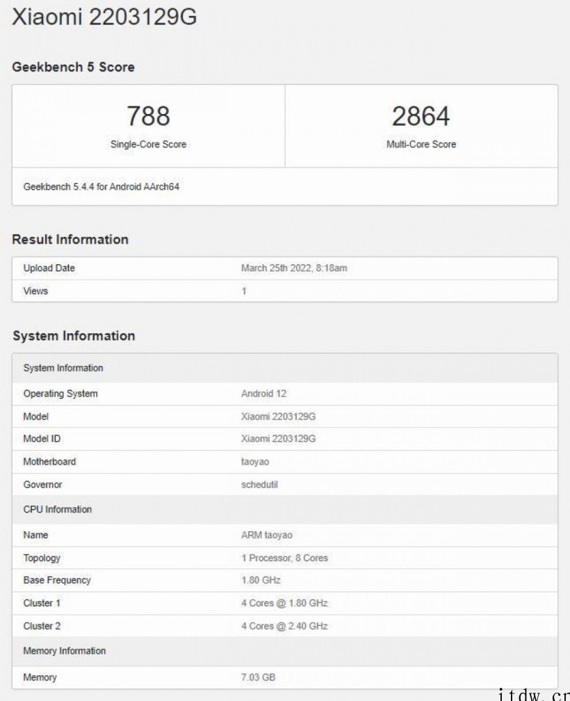 小米12 Lite 手机现身 Geekbench 跑分网站: