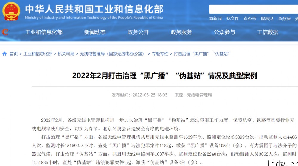 工信部:2 月查处“黑广播”违法犯罪案件 118 起