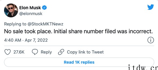 马斯克否认减持 Twitter 股份,称监管文件数据错误