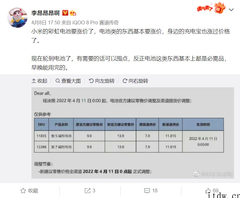 消息称小米彩虹电池将涨价:4 月 11 日起零售价 13