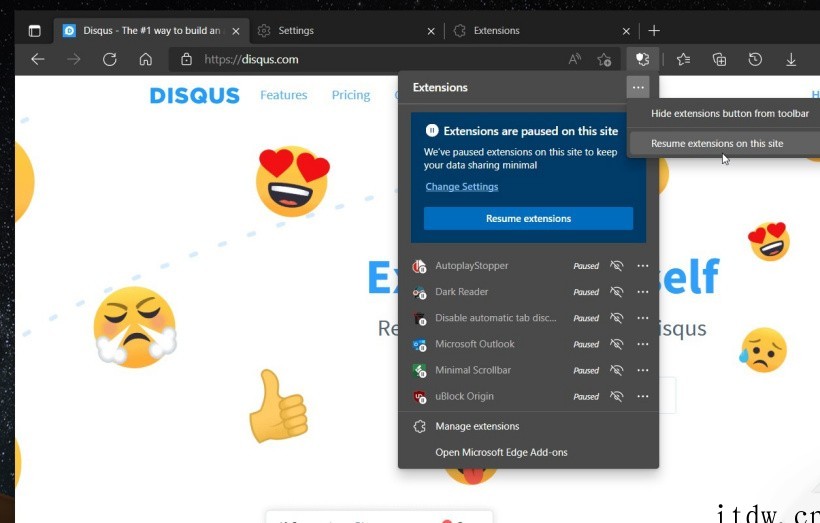 微软 Edge 浏览器将允许在特定网站上停用扩展