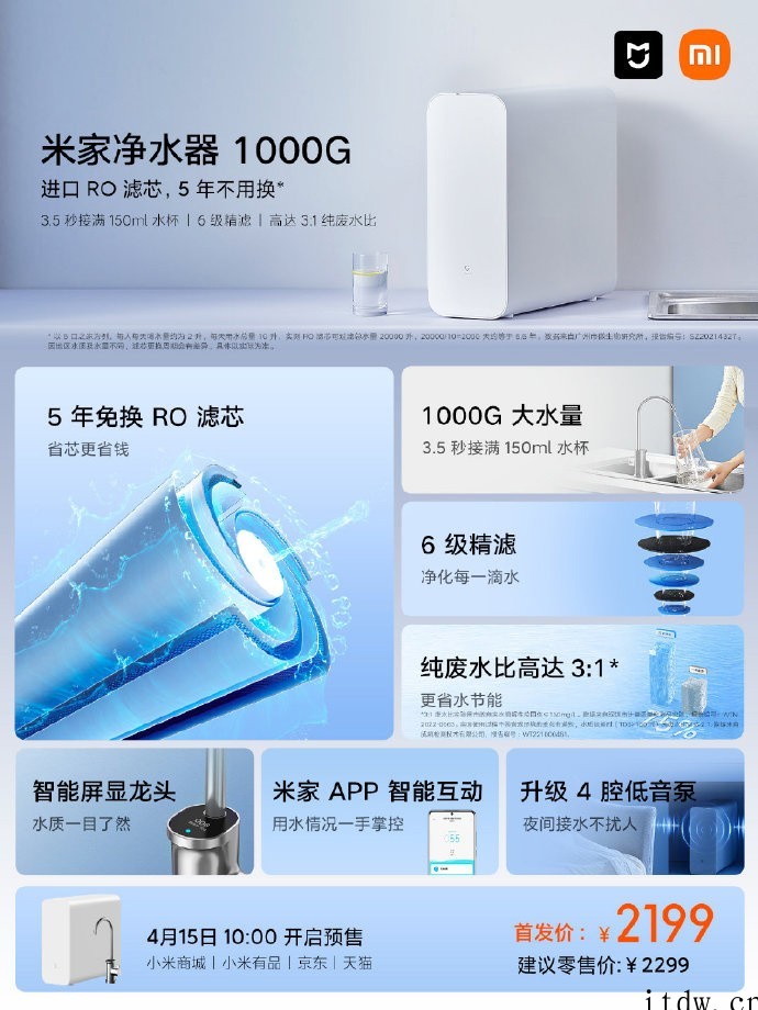 首发价 2199 元,小米米家净水器 1000G 开启预售