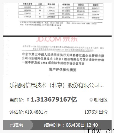 乐视网 85 项专利被拍卖,成交价不到 90 万元