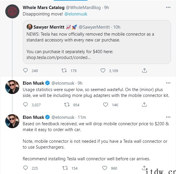 特斯拉不再附赠移动充电连接器招致不满,马斯克:将把价格下调至