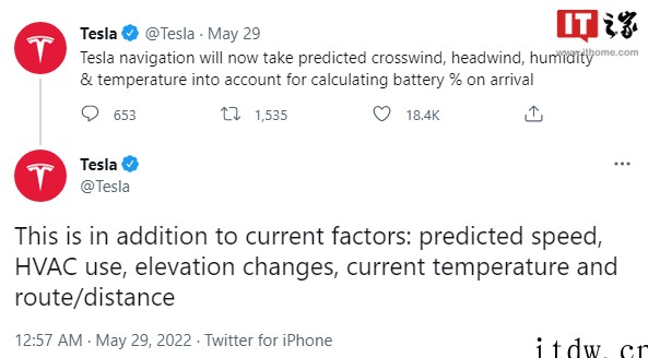 特斯拉升级表显剩余里程算法:增加预测的风况、温度等考量项,数