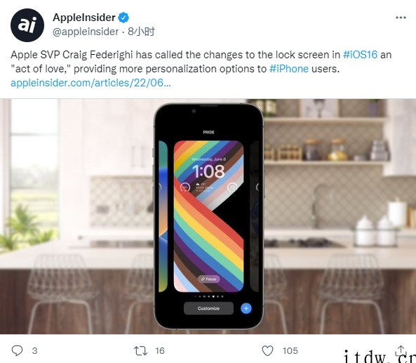 苹果高管称 iOS16 锁屏设计是“爱的体现”