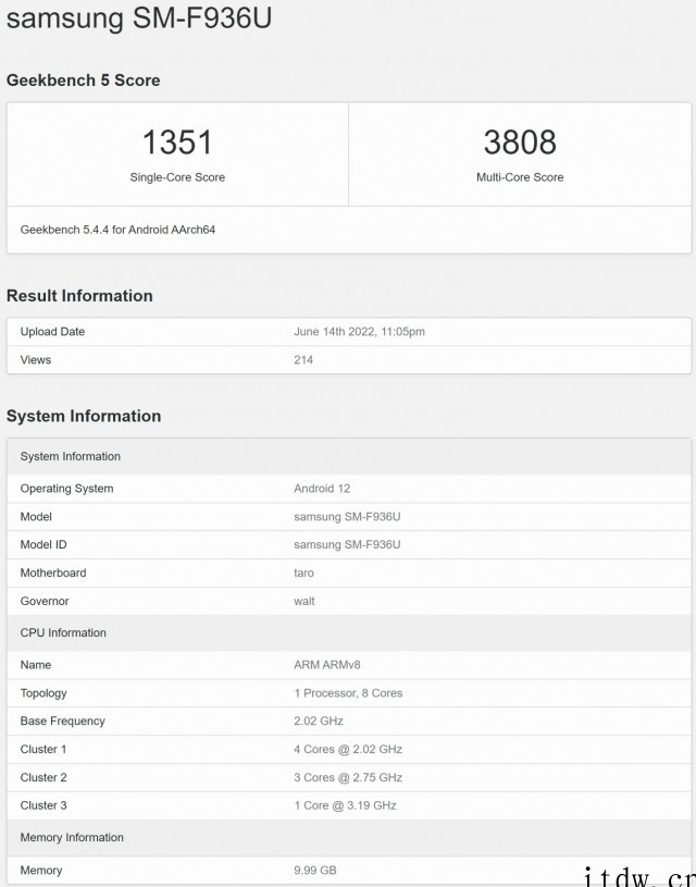 三星 Galaxy Z Fold4亮相 Geekbench,