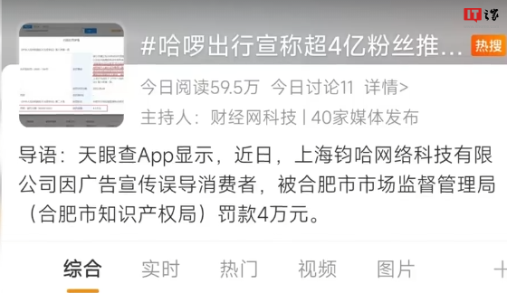 宣称超4亿粉丝推荐被罚 4 万元,哈啰回应称“已积极整改并全