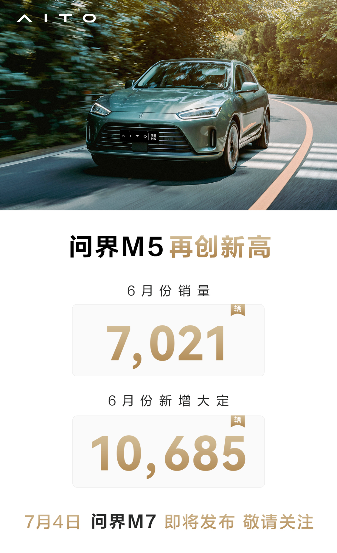 再创新高:AITO 问界 M5 六月销量破 7000 台,新