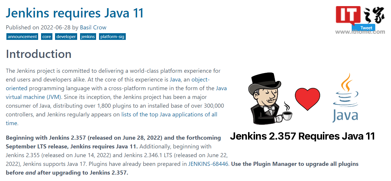 Jenkins 宣布将仅支持 Java 11 及以上版本